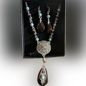 Blue and Black Necklace with Turquoise Pendant and Silver Chain